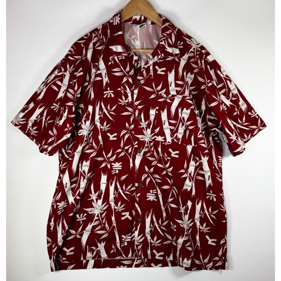 Vintage No Fear Mens Large Red White Bamboo Print Button Up Surf Aloha Skate Y2K - Picture 1 of 11